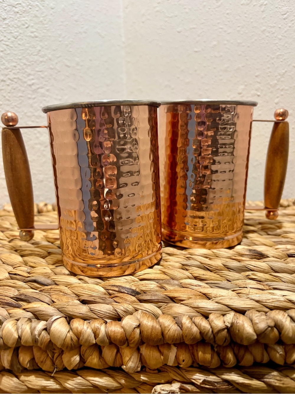 Set of 2 Indian Hammered Cooper Mugs with Wooden Handle